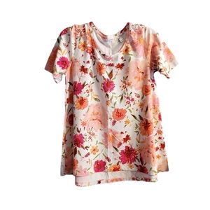 Isaac Mizrahi Live! Floral Printed Cascade Hem Top in Pink Orange White, Size M
